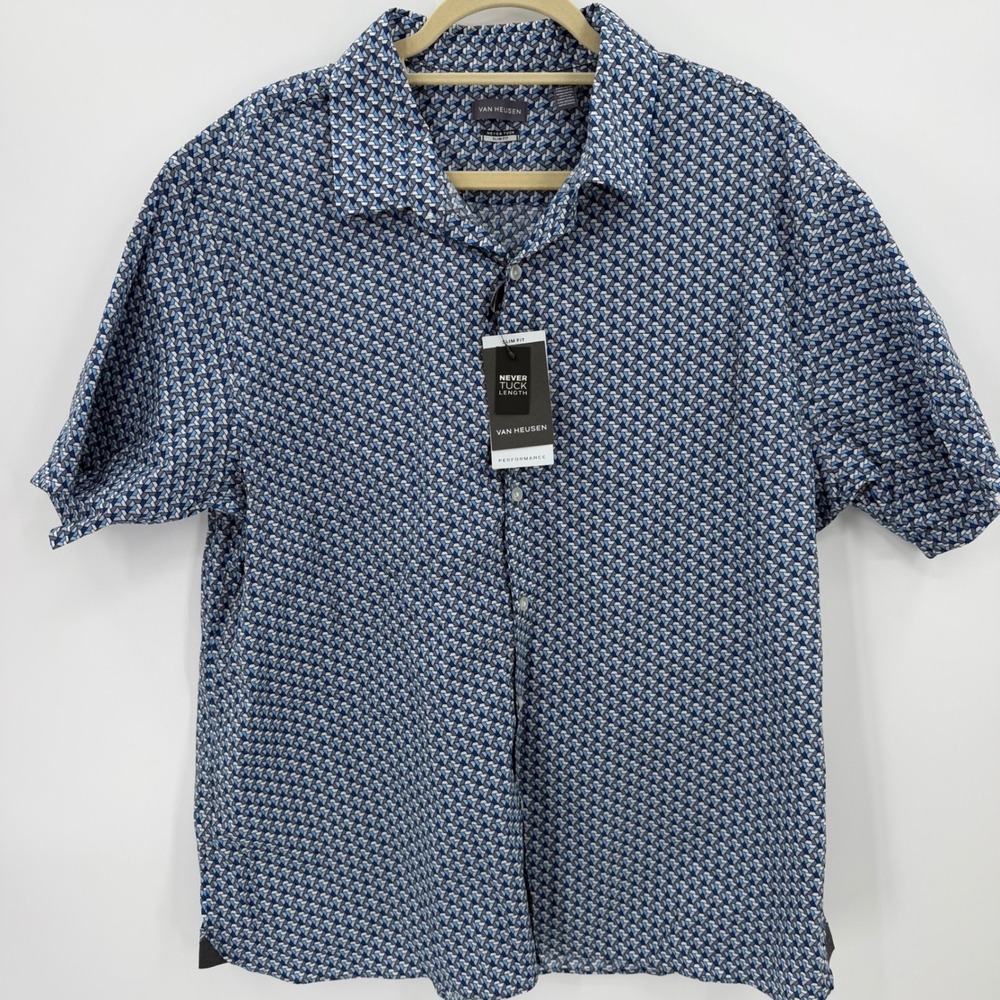 NWT Van Heusen Performance Never Tuck Slim Fit Shirt XXL Blue Geometric Print